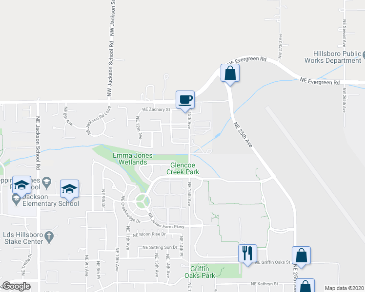 map of restaurants, bars, coffee shops, grocery stores, and more near 1467 Northeast Alexandria Place in Hillsboro