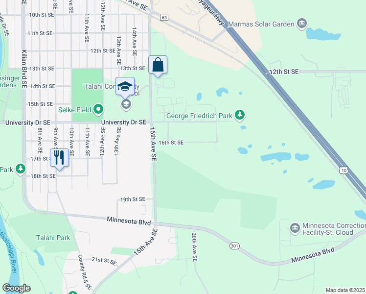 map of restaurants, bars, coffee shops, grocery stores, and more near 1614 16th Street Southeast in St. Cloud