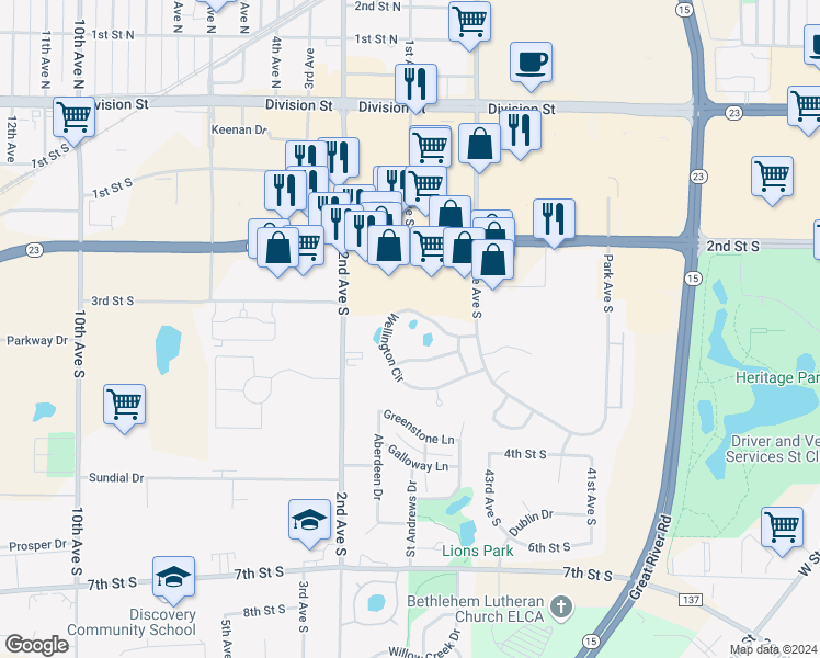 map of restaurants, bars, coffee shops, grocery stores, and more near 100 Wellington Circle in Waite Park