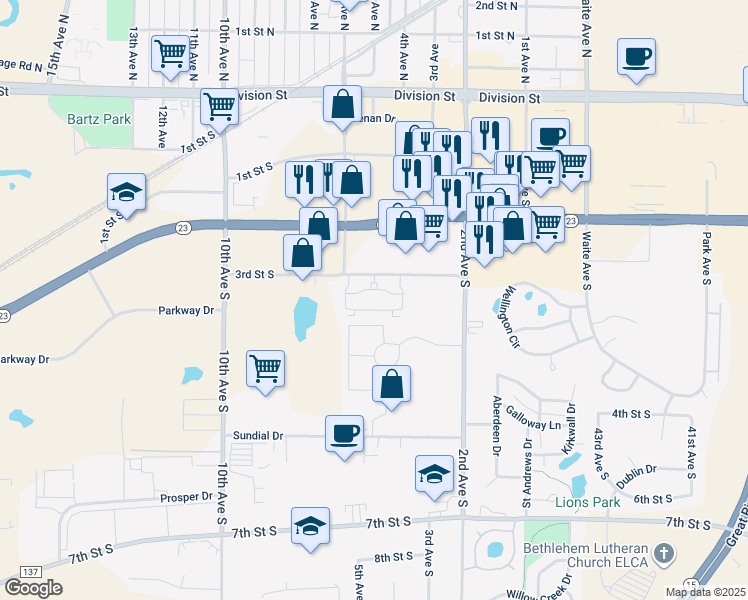 map of restaurants, bars, coffee shops, grocery stores, and more near 490 3rd Street South in Waite Park