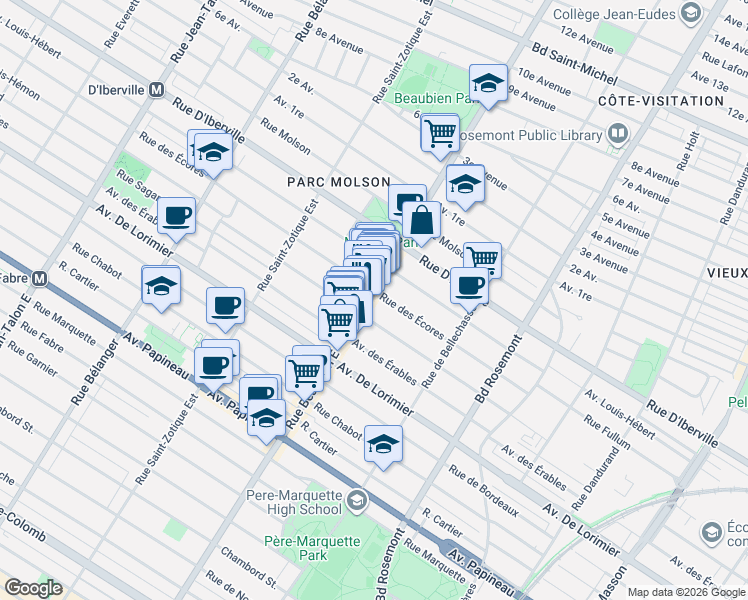 map of restaurants, bars, coffee shops, grocery stores, and more near 6416 Rue des Écores in Montréal
