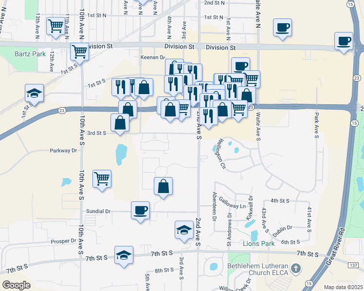 map of restaurants, bars, coffee shops, grocery stores, and more near 246 3rd Street South in Waite Park