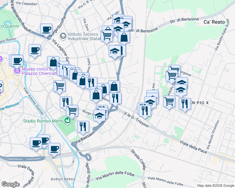 map of restaurants, bars, coffee shops, grocery stores, and more near 127 Via Giovanni Battista Quadri in Vicenza