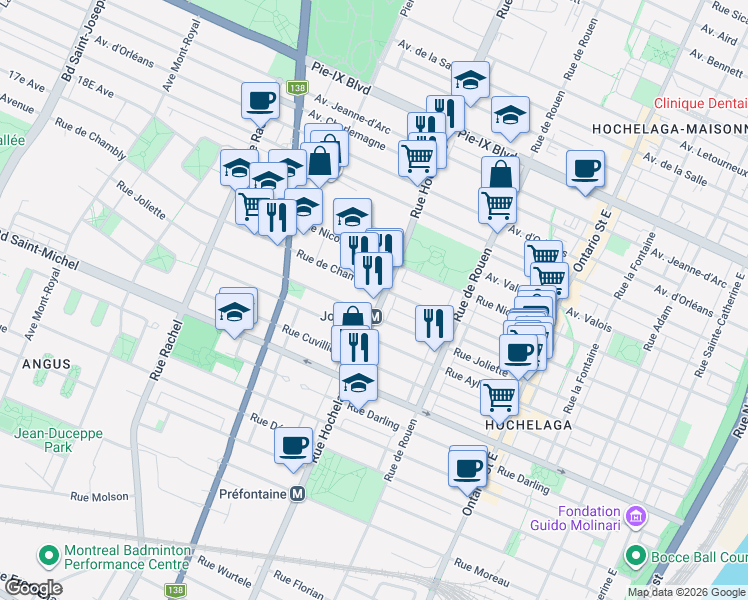 map of restaurants, bars, coffee shops, grocery stores, and more near 3605 Rue Hochelaga in Montréal