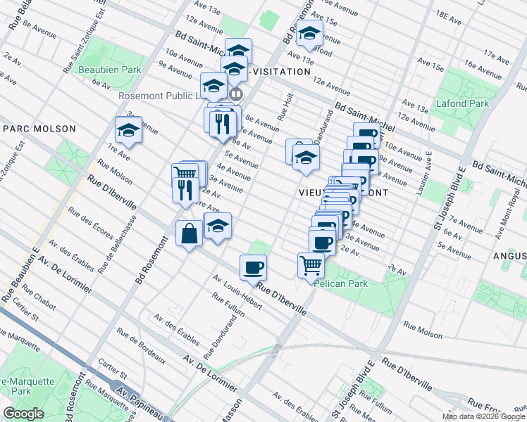 map of restaurants, bars, coffee shops, grocery stores, and more near in Montréal