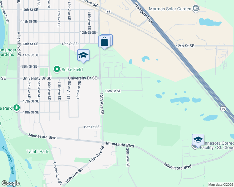 map of restaurants, bars, coffee shops, grocery stores, and more near 1614 16th Street Southeast in St. Cloud