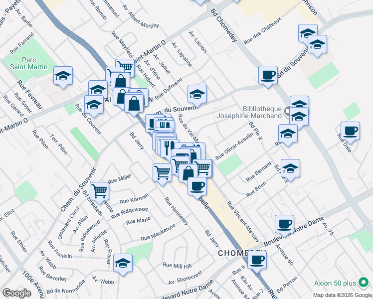 map of restaurants, bars, coffee shops, grocery stores, and more near 1293 Rue Antonio in Laval