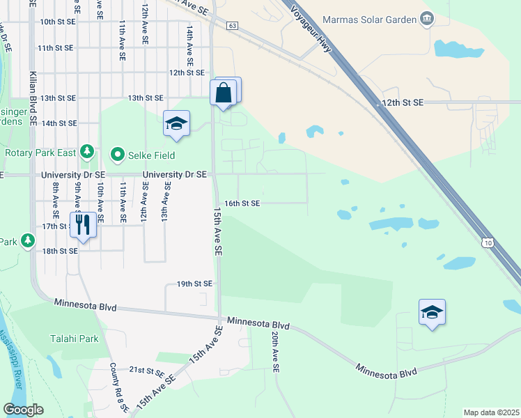 map of restaurants, bars, coffee shops, grocery stores, and more near 1634 16th Street Southeast in Saint Cloud