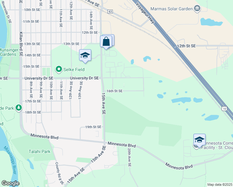 map of restaurants, bars, coffee shops, grocery stores, and more near 1614 16th Street Southeast in St. Cloud