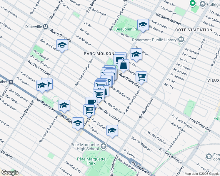 map of restaurants, bars, coffee shops, grocery stores, and more near 6416 Rue des Écores in Montréal