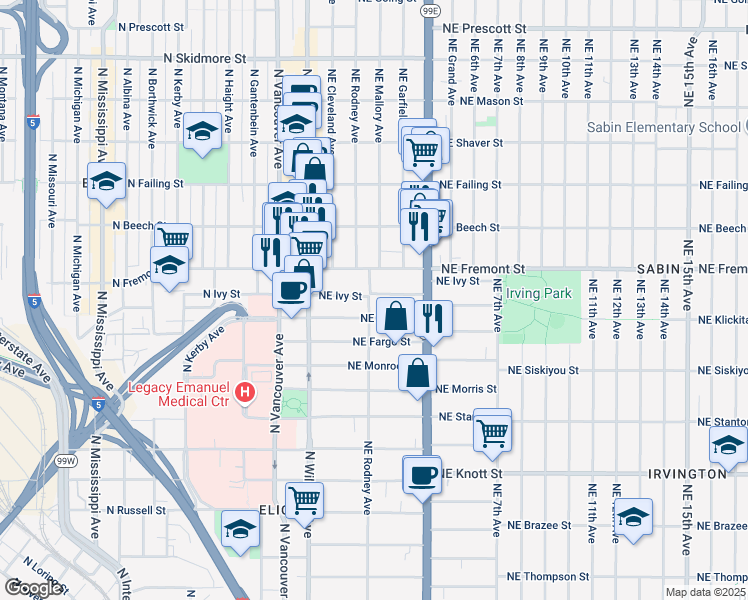 map of restaurants, bars, coffee shops, grocery stores, and more near 100 Northeast Ivy Street in Portland