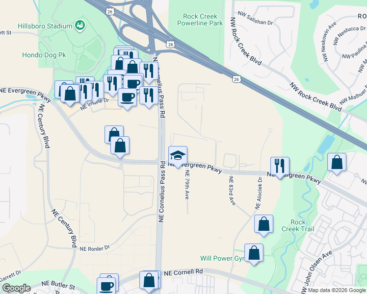 map of restaurants, bars, coffee shops, grocery stores, and more near 8135 Northeast Evergreen Parkway in Hillsboro