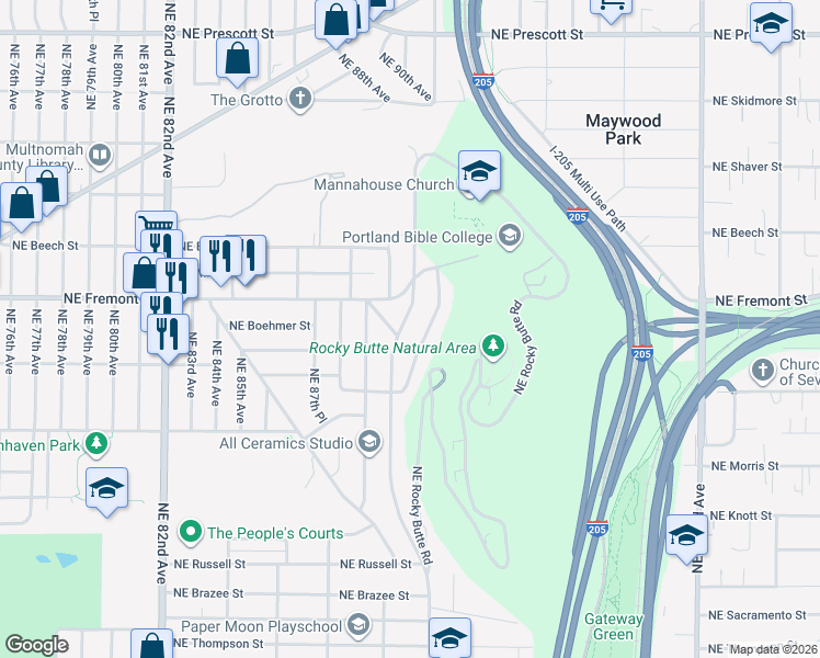 map of restaurants, bars, coffee shops, grocery stores, and more near 3431 Northeast 92nd Avenue in Portland