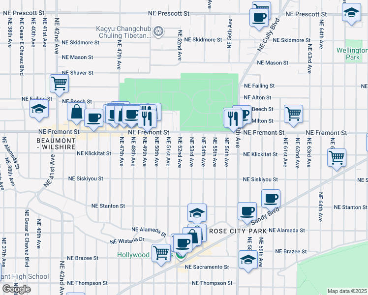 map of restaurants, bars, coffee shops, grocery stores, and more near 3320 Northeast 52nd Avenue in Portland