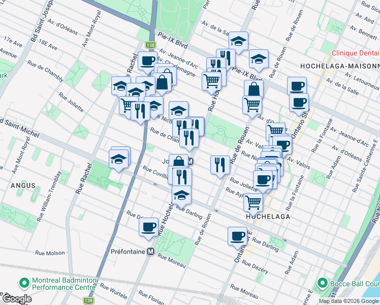 map of restaurants, bars, coffee shops, grocery stores, and more near 3605 Rue Hochelaga in Montréal