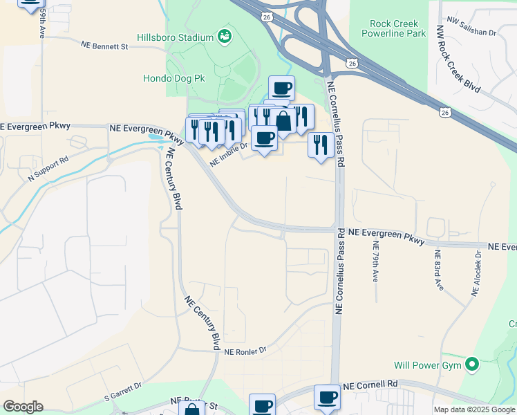 map of restaurants, bars, coffee shops, grocery stores, and more near 7175 NW Evergreen Pkwy in Hillsboro