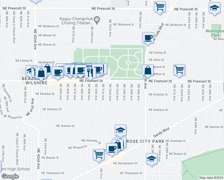 map of restaurants, bars, coffee shops, grocery stores, and more near 3320 Northeast 52nd Avenue in Portland