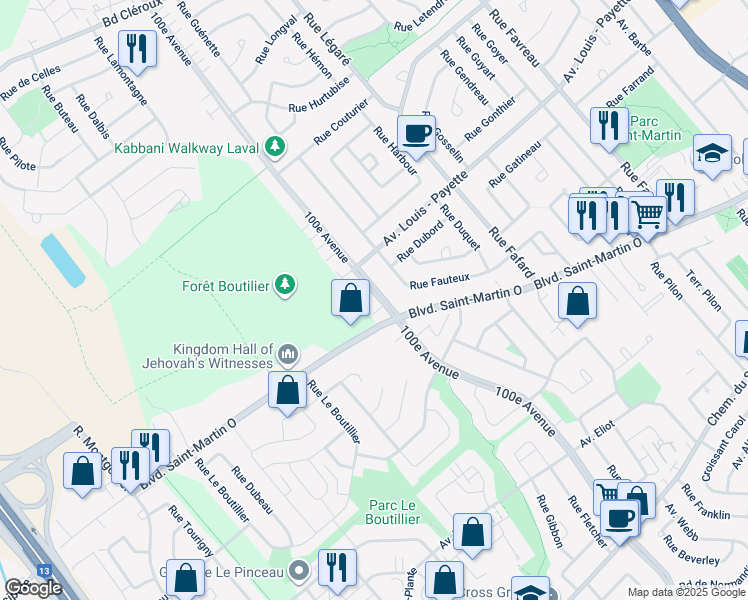 map of restaurants, bars, coffee shops, grocery stores, and more near 1960 100e Avenue in Laval