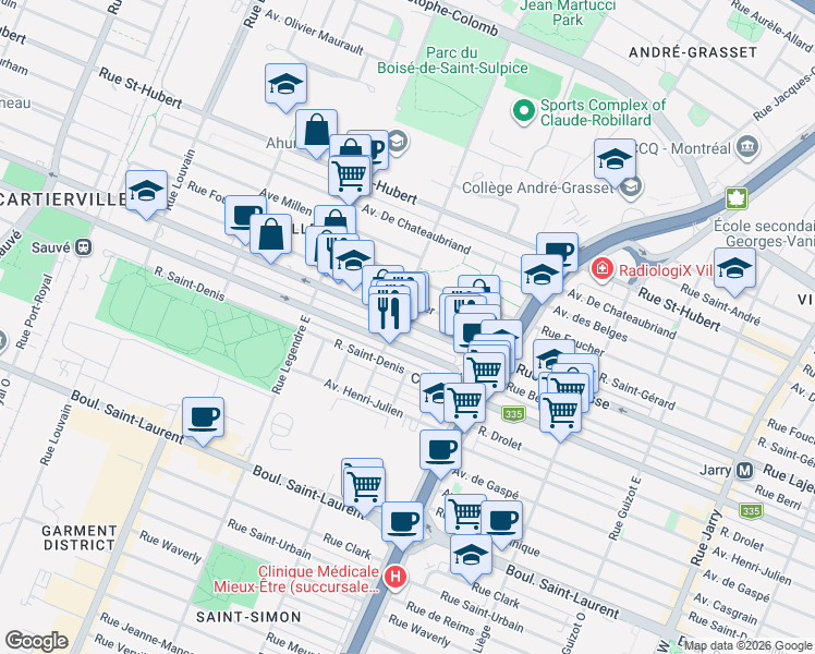 map of restaurants, bars, coffee shops, grocery stores, and more near 8876 Rue Lajeunesse in Montréal