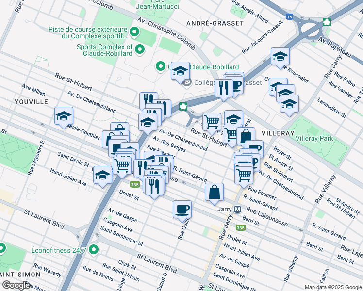 map of restaurants, bars, coffee shops, grocery stores, and more near 702 Rue de Liège Est in Montreal