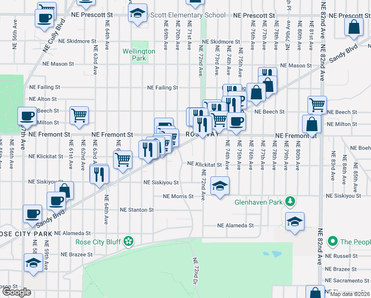 map of restaurants, bars, coffee shops, grocery stores, and more near 7070 Northeast Sandy Boulevard in Portland