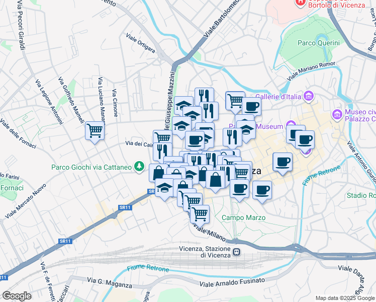 map of restaurants, bars, coffee shops, grocery stores, and more near 17 Via Giampaolo Bonollo in Vicenza