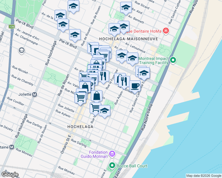 map of restaurants, bars, coffee shops, grocery stores, and more near 1721 Avenue Bourbonnière in Montréal