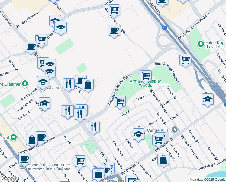 map of restaurants, bars, coffee shops, grocery stores, and more near 3065 Boulevard Notre Dame in Laval