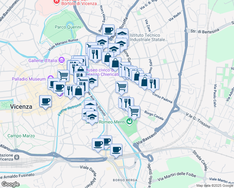 map of restaurants, bars, coffee shops, grocery stores, and more near 12 Borgo Casale in Vicenza