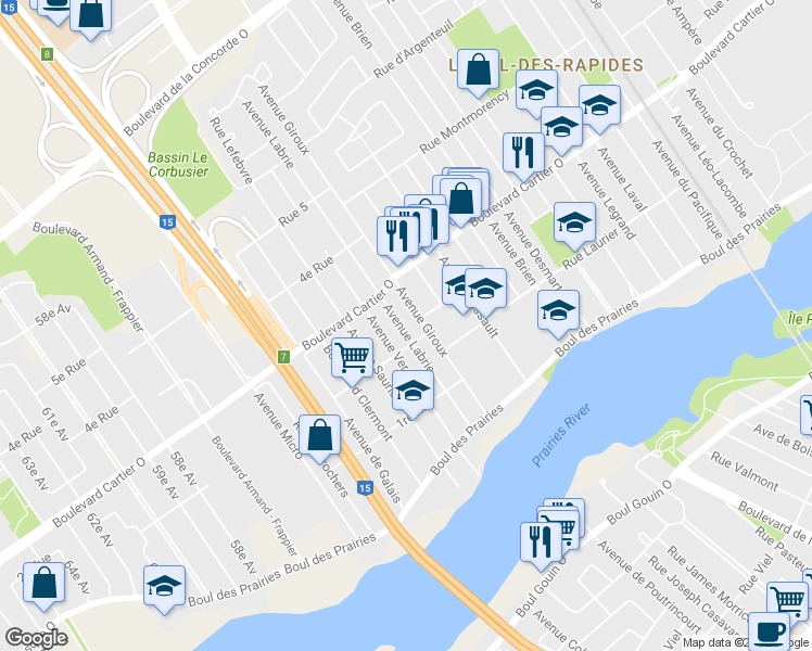 map of restaurants, bars, coffee shops, grocery stores, and more near 73 Avenue Labrie in Laval