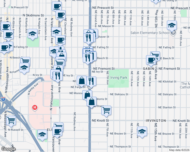 map of restaurants, bars, coffee shops, grocery stores, and more near 435 Northeast Cook Street in Portland