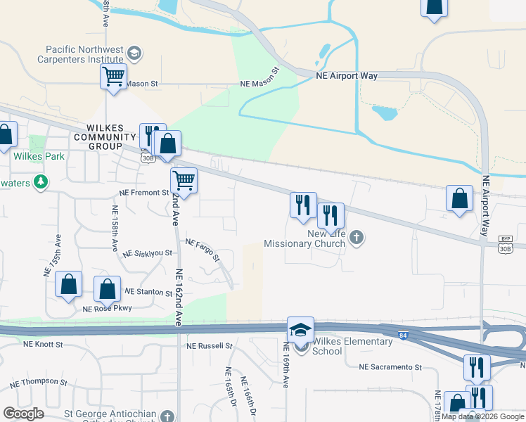 map of restaurants, bars, coffee shops, grocery stores, and more near 16800 Northeast Sandy Boulevard in Portland