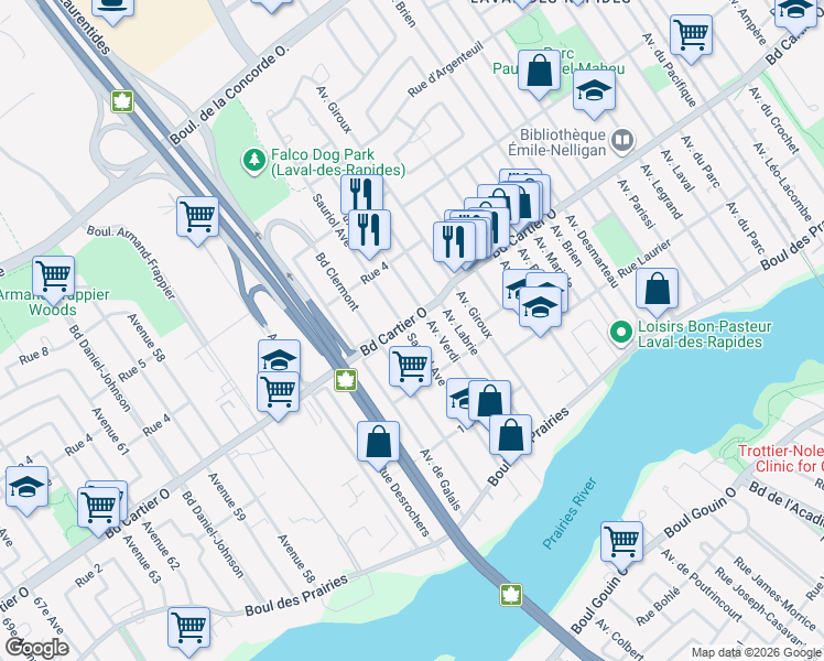map of restaurants, bars, coffee shops, grocery stores, and more near 59 Avenue Sauriol in Laval