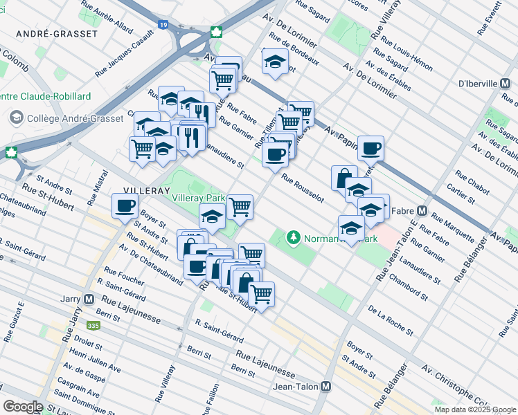 map of restaurants, bars, coffee shops, grocery stores, and more near 1260 Rue Villeray in Montréal