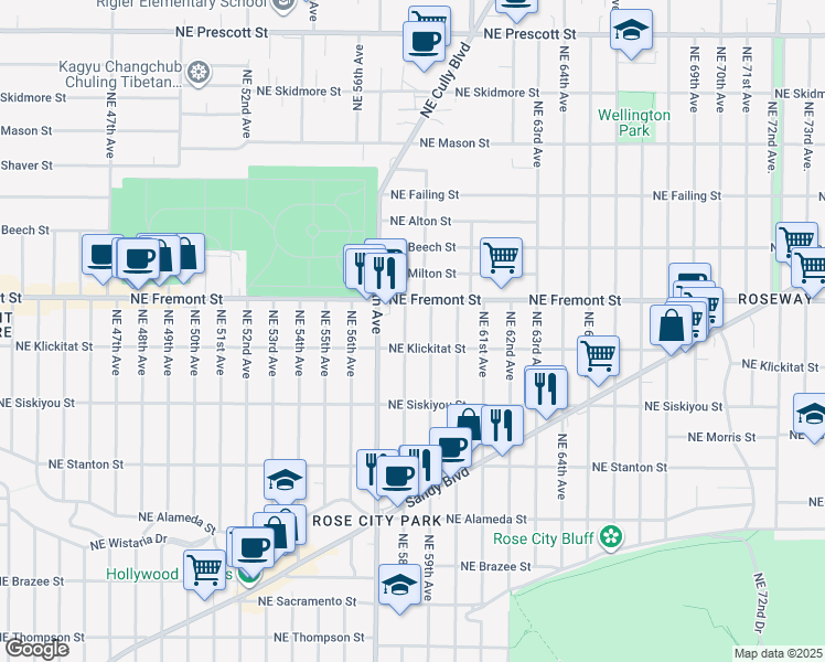 map of restaurants, bars, coffee shops, grocery stores, and more near 3406 Northeast 59th Avenue in Portland