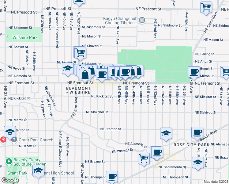 map of restaurants, bars, coffee shops, grocery stores, and more near 3333 Northeast 46th Avenue in Portland