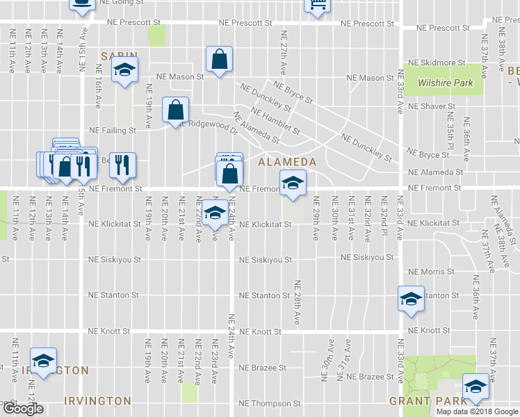 map of restaurants, bars, coffee shops, grocery stores, and more near 3404 Northeast 25th Avenue in Portland