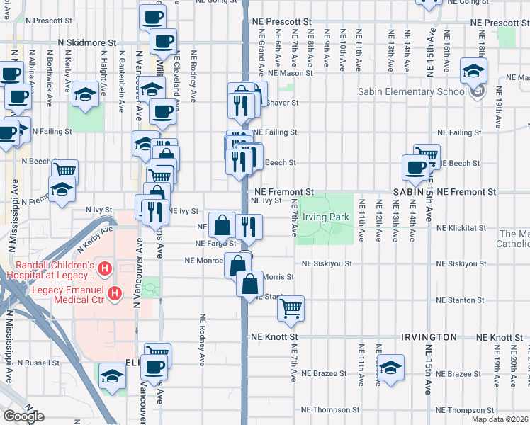 map of restaurants, bars, coffee shops, grocery stores, and more near 427 Northeast Cook Street in Portland