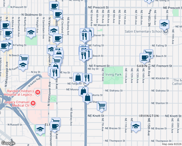 map of restaurants, bars, coffee shops, grocery stores, and more near 427 Northeast Cook Street in Portland