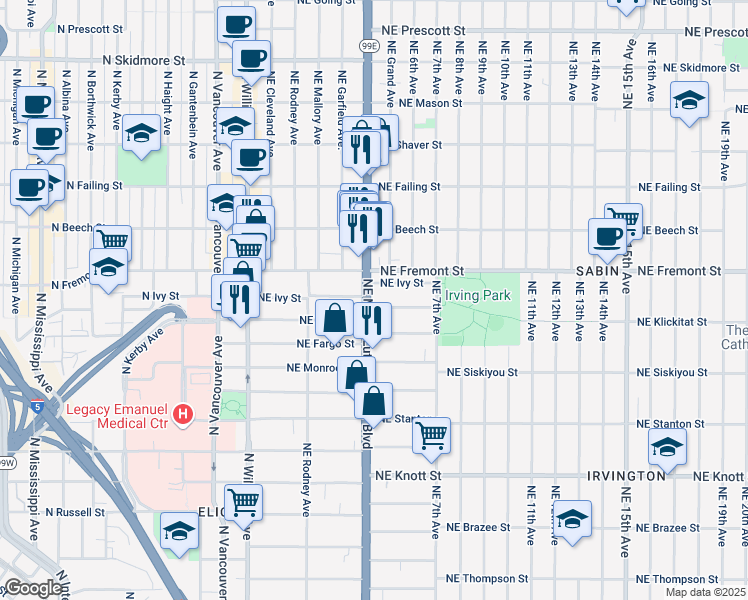 map of restaurants, bars, coffee shops, grocery stores, and more near 427 Northeast Cook Street in Portland