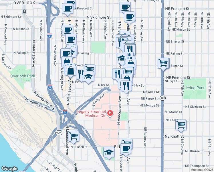 map of restaurants, bars, coffee shops, grocery stores, and more near 333 North Ivy Street in Portland