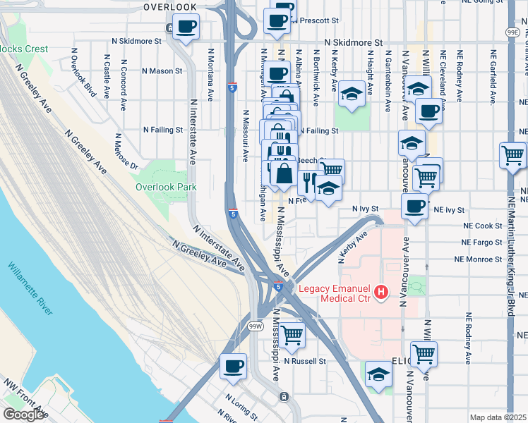 map of restaurants, bars, coffee shops, grocery stores, and more near in Portland