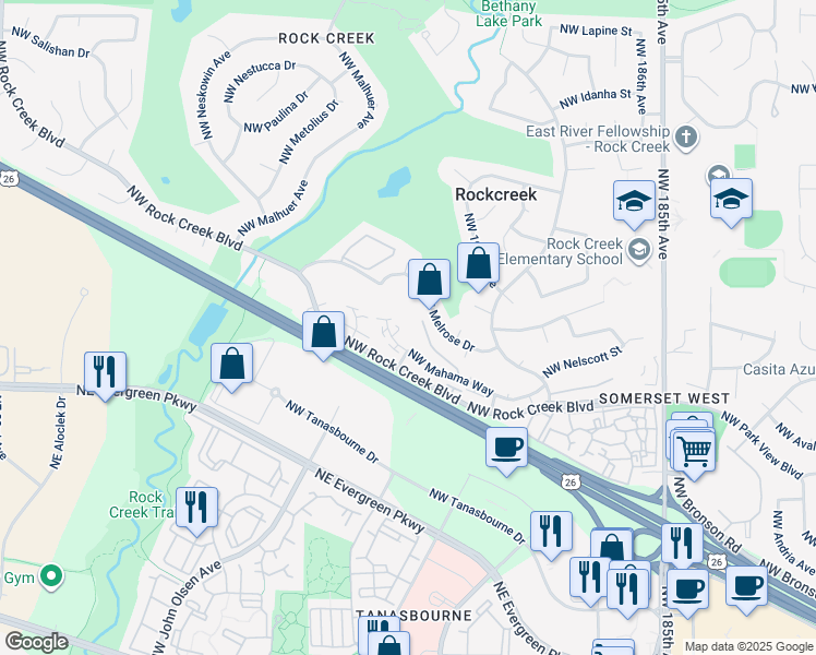 map of restaurants, bars, coffee shops, grocery stores, and more near 19430 Northwest Melrose Drive in Portland