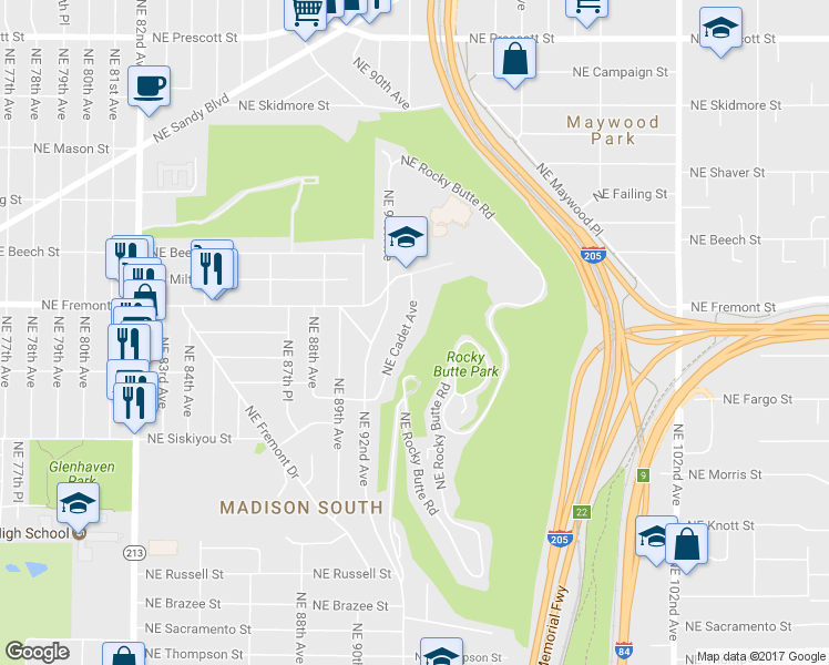 map of restaurants, bars, coffee shops, grocery stores, and more near 3410 Northeast Cadet Avenue in Portland