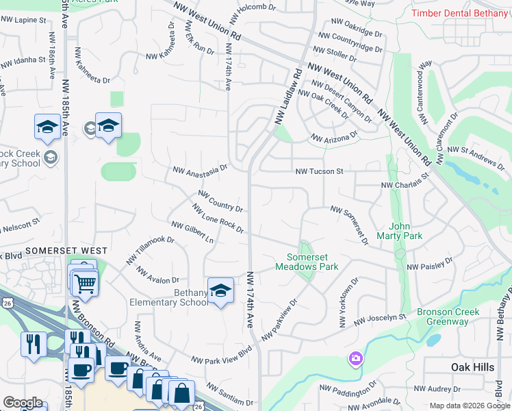 map of restaurants, bars, coffee shops, grocery stores, and more near 3815 Northwest 172nd Place in Beaverton
