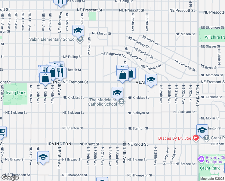 map of restaurants, bars, coffee shops, grocery stores, and more near 3344 Northeast 22nd Avenue in Portland