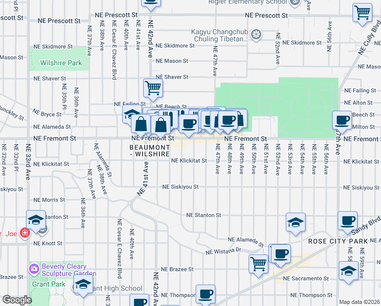 map of restaurants, bars, coffee shops, grocery stores, and more near 3325 Northeast 45th Avenue in Portland