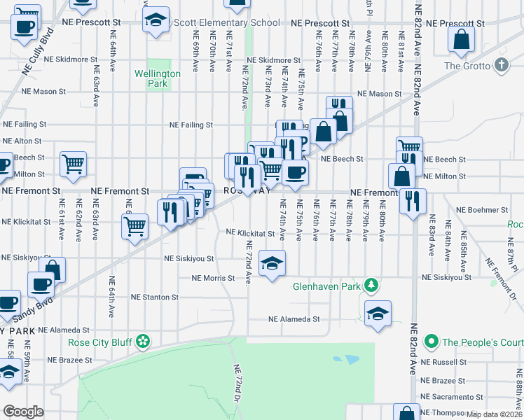 map of restaurants, bars, coffee shops, grocery stores, and more near 3414 Northeast 73rd Avenue in Portland