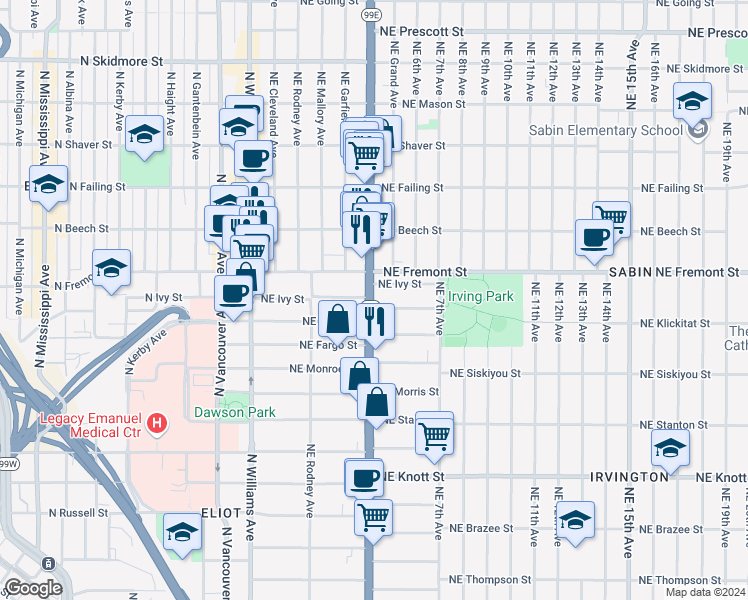 map of restaurants, bars, coffee shops, grocery stores, and more near 3340 Northeast Martin Luther King Junior Boulevard in Portland