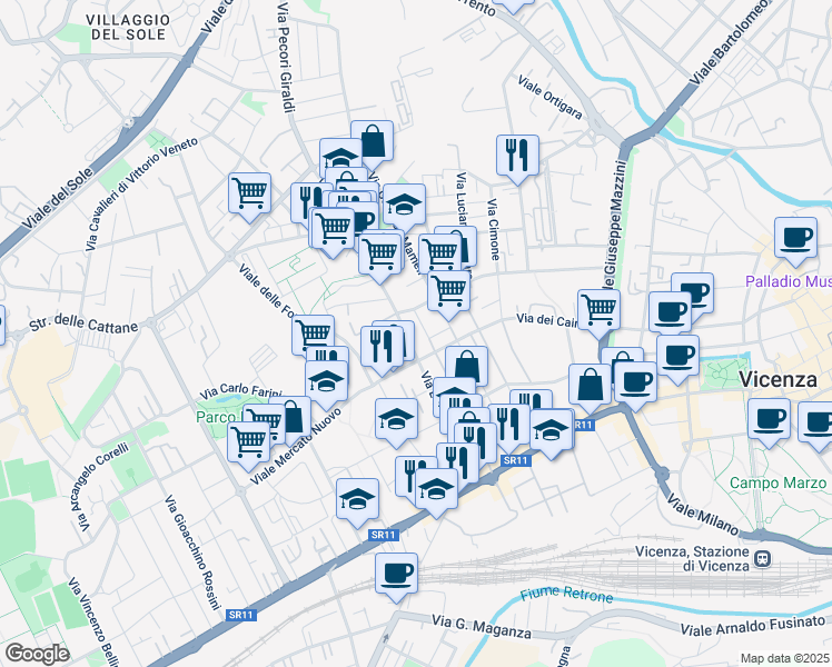 map of restaurants, bars, coffee shops, grocery stores, and more near 102 Via Legione Antonini in Vicenza